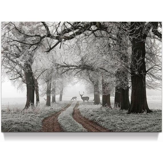 Winter Scene Canvas Wall Art: Nature Forest Landscape Prints White Snowy Trees Painting Wildlife Picture Elk Artwork for Living Room Bedroom Home Office