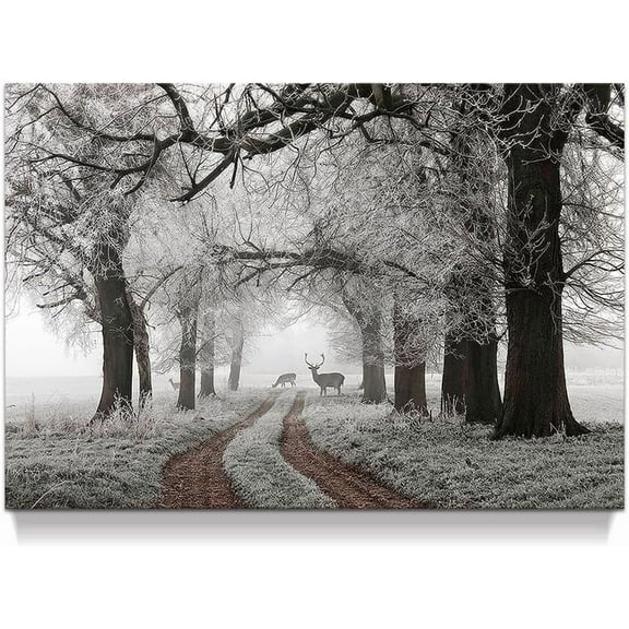 Winter Scene Canvas Wall Art: Nature Forest Landscape Prints White Snowy Trees Painting Wildlife Picture Elk Artwork for Living Room Bedroom Home Office