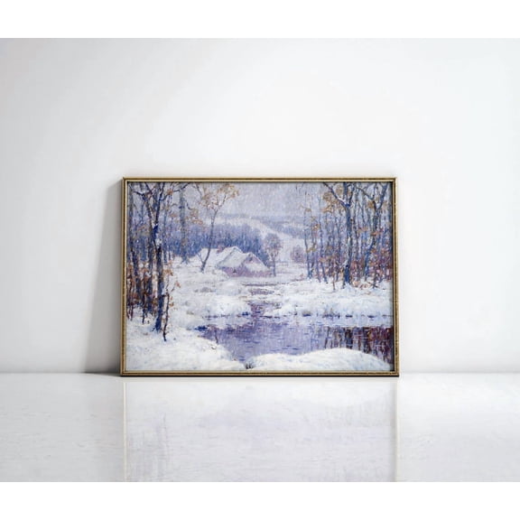 Winter Scene Poster, Vintage Winter Landscape, Winter Wonderland, Rustic Farmhouse Winter Decor, Snowy Cozy Winter Wall Art, Stretched Canvas Size 8x12