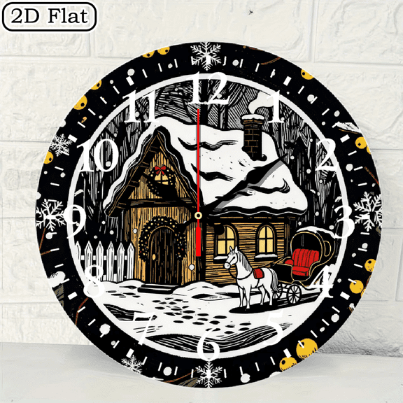 Winter Scene Round Wall Clock, Cozy Snow Covered House and Horse Carriage Print, Decorative Holiday Home Decor, 10x10 Inch, 1pc, Battery Not Included