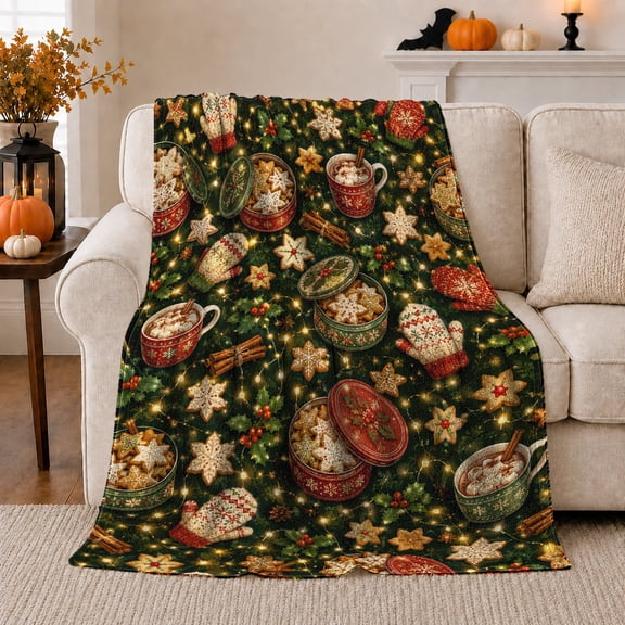 Winter Scene Seasonal Artwork Festive Holiday Art Seasonal Hosts Joyful Winter Motif Warm Flannel Blanket, Christmas Gift for Living Room and Family Room Home Decor
