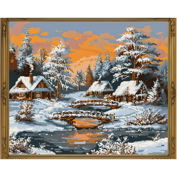 Winter Scene Snow Covered Cottages Bridge River DIY 11CT Stamped Cross Stitch Kits for Beginners Easy Needlepoint Embroidery Counted Cross Stitch Art Craft for Wall Decoration 12x16inch(4)