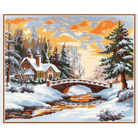 Winter Scene with Snow Covered Cottages DIY 11CT Stamped Cross Stitch Kits for Beginners Easy Needlepoint Embroidery Counted Cross Stitch Art Craft for Wall Decoration 12x16inch(1)