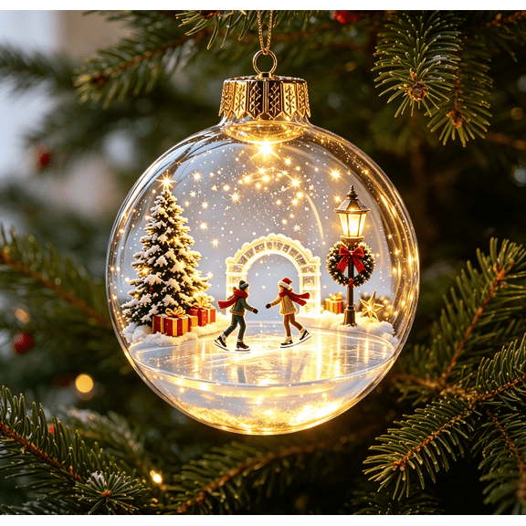 Winter Scene Transparent Christmas Ornament Ball Light Up Ice Skating Diorama Hanging Globe for Indoor Seasonal Decoration (Skating Winter Scene)