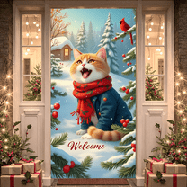Winter Scene Welcome Banner Christmas Animal Design Snowy Cat for Holiday Decoration Indoor Outdoor