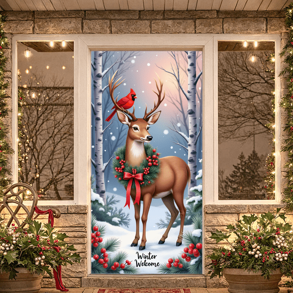 Winter Scene Welcome Banner Snow Forest Bird Art for Home Decor Holiday Decoration Winter Party