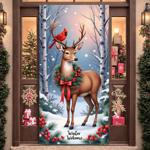 Winter Scene Welcome Banner Snow Forest Bird Art for Home Decor Holiday Decoration Winter Party