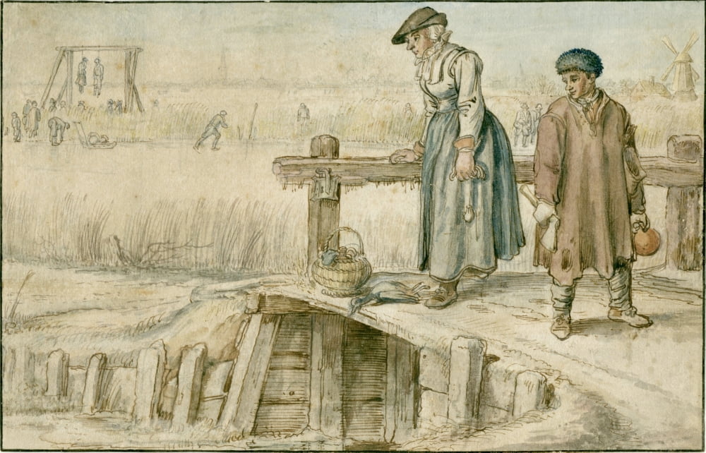 Winter Scene Woman And Boy On A Small Bridge Canvas Art - (36 x 24)