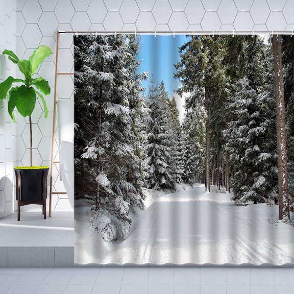 Winter Scenery Shower Curtain Waterfall Forest House Snow Mountain Natural Landscape Bathroom Decorations Polyester Curtains Set