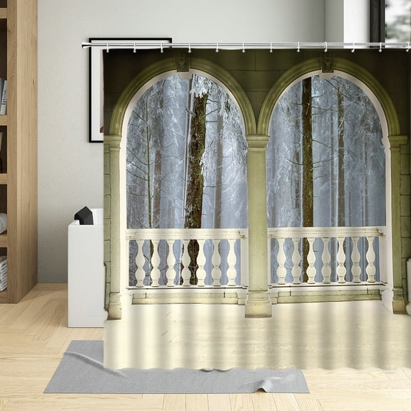 Winter Scenery Window View Forest Snow Shower Curtain Snowflake Covered Tree House Print Bathroom Decor With Curtains Set