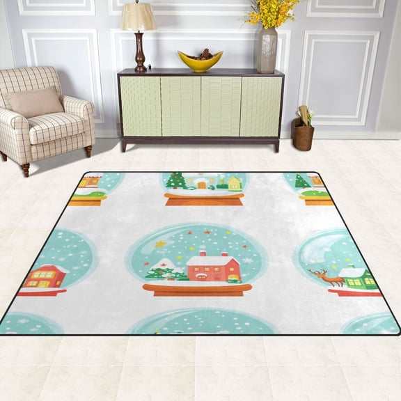 Winter Scenes Snow Globes 80''x58'' Extra Large Plush Memory Foam Rug, Soft, Absorbent, Non Slip