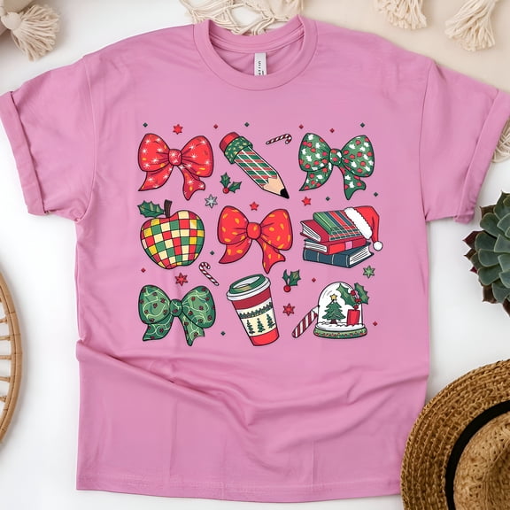 Winter School Theme Shirt – Cute Bows, Apple, Books & Coffee Mug Design, Azalea, Size M