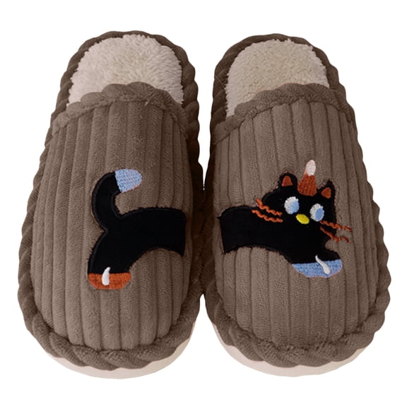 Winter Scuff Slippers for Women Men Funny Matching Cat Embroidery Corduroy Home Shoes Memory Foam Slip on Slides Coffee 6