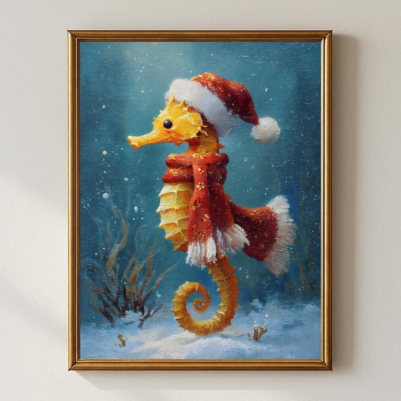 Winter Seahorse Wall Art Print, Coastal Ocean Decor, Cute Seahorse In Santa Hat And Scarf, Beach Nautical Winter #914 Warm Present Vintage UNFRAMED Poster Size 8x12