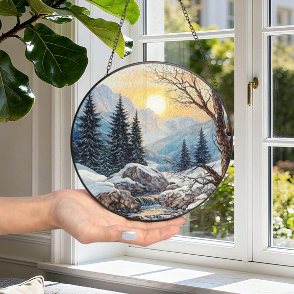 Winter Season Glass Suncatcher, National Park Window Hanging, Snowy Christmas Ornament, 3.5 in