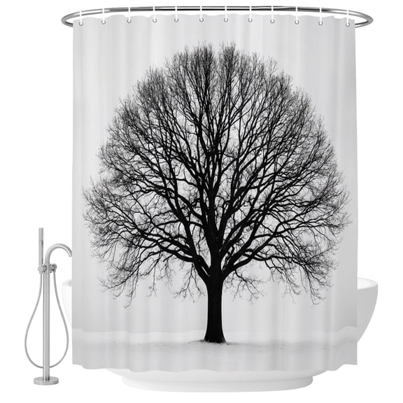 Winter Season Shower Curtain Minimalist Nature Bare Oak Tree Silhouette Waterproof Fabric Shower Curtain Set with 12 Hooks, Bathroom Curtains for Farmhouse Home Hotel Holiday Decor, 36" W x 72" L