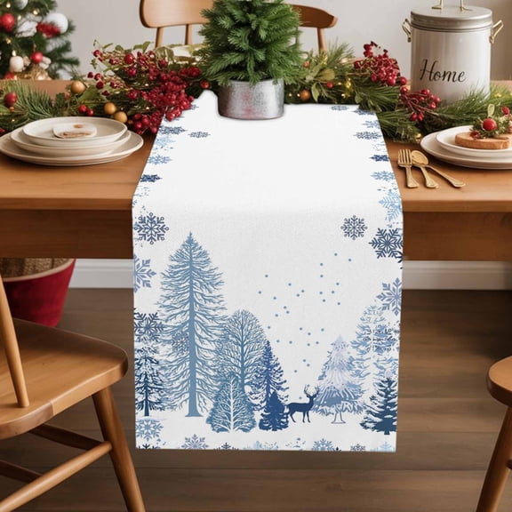 Winter Season Snowy Forest Table Runner 13x48in Non-Slip Cotton Linen Table Runners, Christmas Tree Elk Snowflakes Dresser Scarves TableRunner for Dinner Kitchen Dining Wedding Party