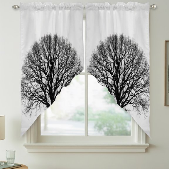 Winter Season Swag Valances for Windows, Minimalist Nature Bare Oak Tree Silhouette Rod Pocket Short Curtains, Machine Washable Kitchen Window Topper for Bathroom Living Room, 28 x 36 Inch, 1 Pair