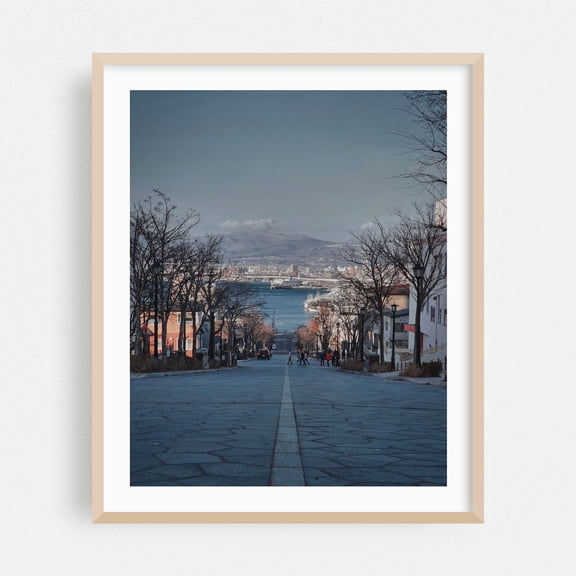 Winter Serenity on Hachiman-zaka Slope in Hakodate - Hakodate Hokkaido Japan Photography Harbor Cityscape Coast Architecture Scenic Travel Poster Oak Framed Wall Art Print 6 x 8 inches