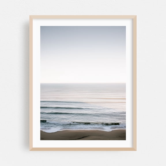 Winter Serenity: Ocean Waves in Portugal - Photography Ocean Waves Beach Seascape Minimalist Coast Calm Oak Framed Wall Art Print 16 x 20 inches