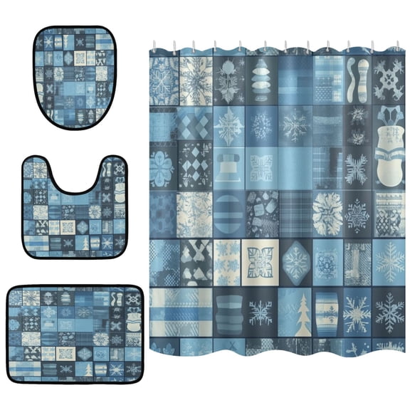 Winter Series Icon Bathroom Accessory Curtain Sets Bath Curtain Anti-Slip Mats and Toilet Pad 66x72in