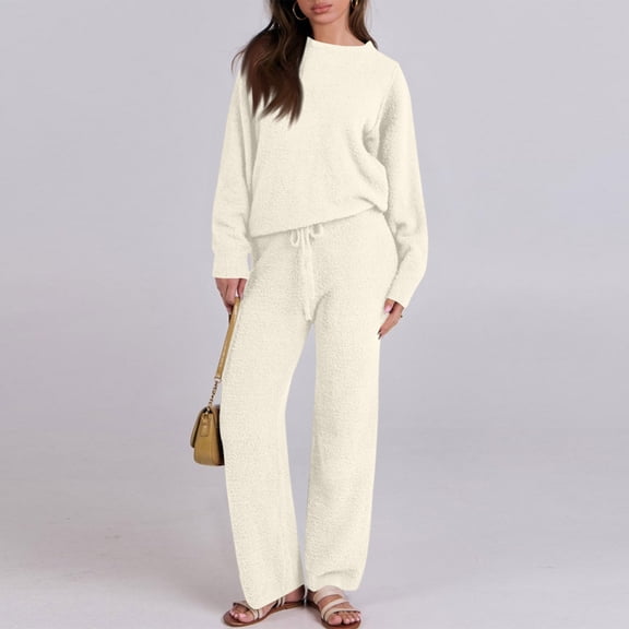 Winter Sets for Women Cozy Lounge Sets for Women Fuzzy Pajamas for Women Womens Pajama Sets 2025 Fall Lounge Sweater Set Cute Fuzzy Fleece 2 Piece Long Sleeve Cozy Winter Pj Outfits, Beige-XL