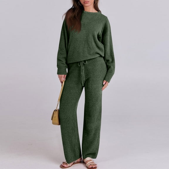 Winter Sets for Women Cozy Lounge Sets for Women Fuzzy Pajamas for Women Womens Pajama Sets 2025 Fall Lounge Sweater Set Cute Fuzzy Fleece 2 Piece Long Sleeve Cozy Winter Pj Outfits, Army Green-L