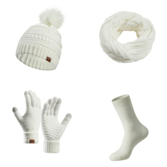 Winter Sets for Women Knit Beanie Hat Neck Warmer Scarf and Touch Screen Gloves for Men Women Winter Clothes for Men - 4-Piece Set,Christmas Gifts for Lover(21.65Inch,White)