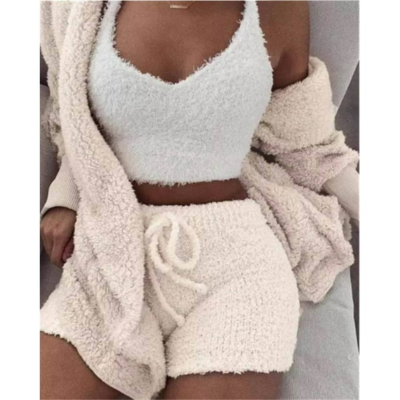 Winter Sexy Women Home Wear Suit Casual Pajamas Set Lady Female Soft Warm Long Sleeve Exposed Navel Vest Shorts Set