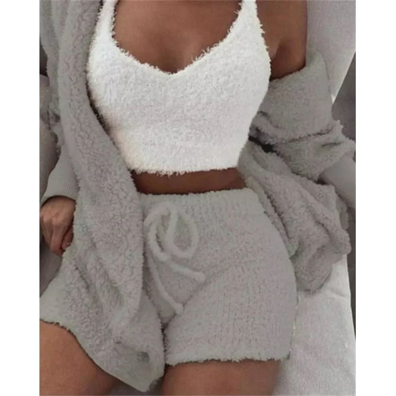 Winter Sexy Women Home Wear Suit Casual Pajamas Set Lady Female Soft Warm Long Sleeve Exposed Navel Vest Shorts Set