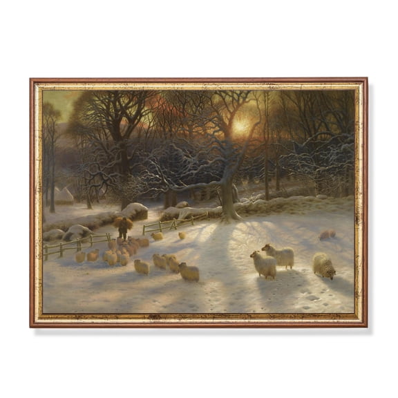 Winter Sheep Snowy Sunset Farmhouse Art Poster , Poster Print Only