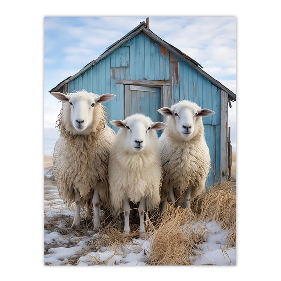 Winter Sheep and Faming Hut Whimsical Photograph Large Wall Art Poster Print Thick Paper 18X24 Inch