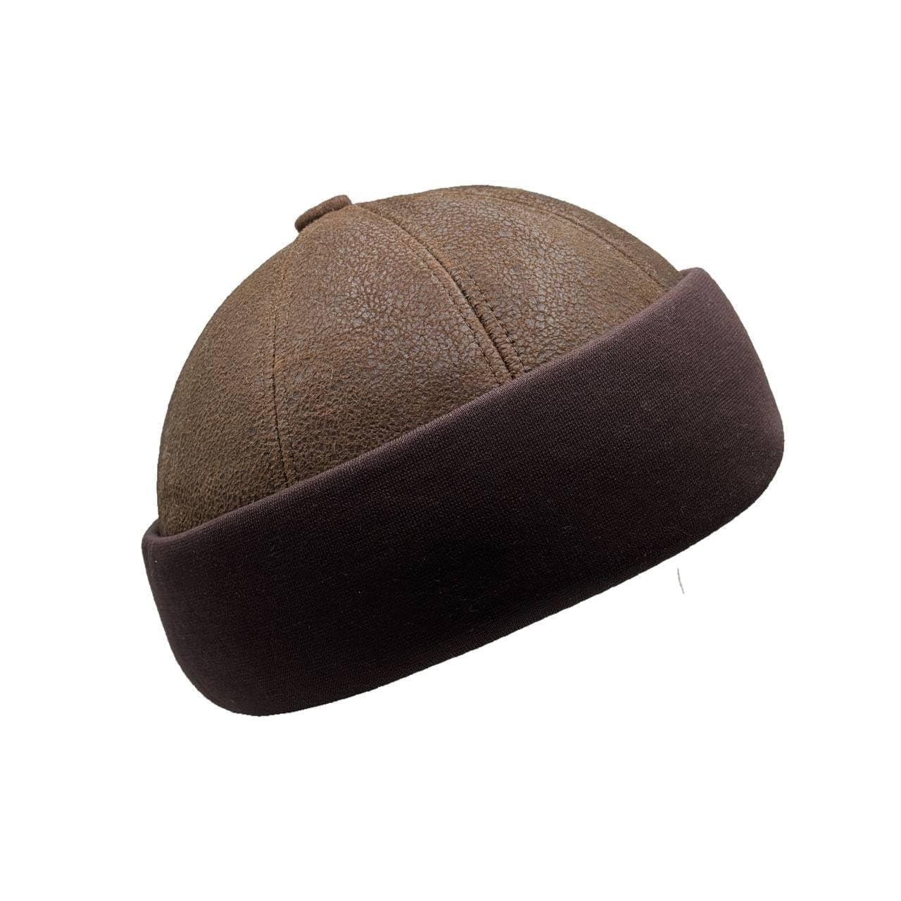 Handmade  Sheepskin Leather Fur Knit Beanie Cuff Round Bucket Ski Docker Hat, Brown