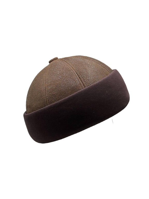 Handmade Sheepskin Leather Fur Knit Beanie Cuff Round Bucket Ski Docker Hat, Brown