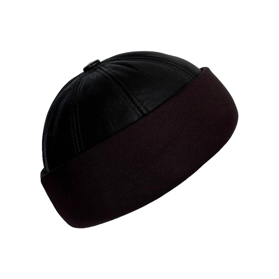 Handmade  Sheepskin Leather Fur Knit Beanie Cuff Round Bucket Ski Docker Hat, Dark Brown