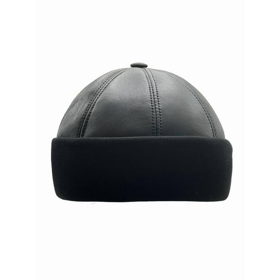 Winter Sheepskin Leather Fur Knit Beanie Cuff Round Bucket Ski Hat Black