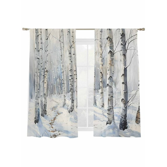 Winter Sheer Curtains 63 Inches Long 2 Panels Watercolor Hand Drawn Birch Snow Landscape Light Filtering Semi Sheer Window Curtains Drapes for Bedroom Living Room 52"x63"x2