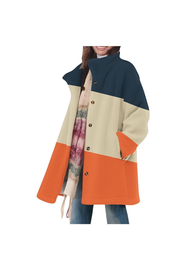 Winter Sherpa Jacket Women Faux Shearling Fuzzy Mid Long Coat Color Block Warm Casual Button up Peacoat with Pockets (2XL, Orange)