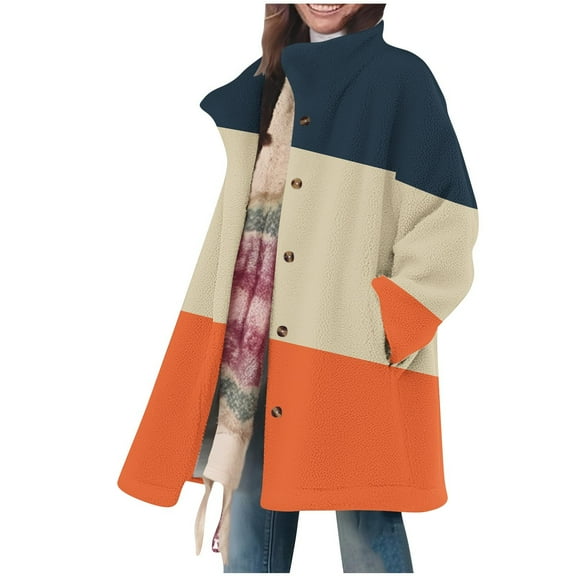 Winter Sherpa Jacket Women Faux Shearling Fuzzy Mid Long Coat Color Block Warm Casual Button up Peacoat with Pockets (M, Orange)