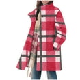 thumbnail image 1 of Winter Sherpa Jacket Women Faux Shearling Fuzzy Mid Long Coat Color Block Warm Casual Button up Peacoat with Pockets (S, Red|Plaid), 1 of 7