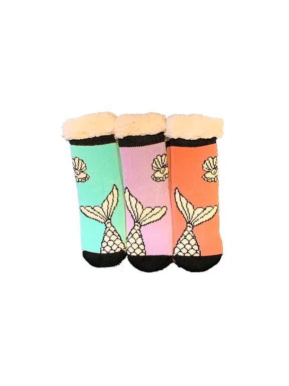 Winter Sherpa Lined Knitted Fluffy Thermal Soft Warm Cozy Christmas Slipper Gift Socks, Fish tail, 6 - 8, 3 Pairs