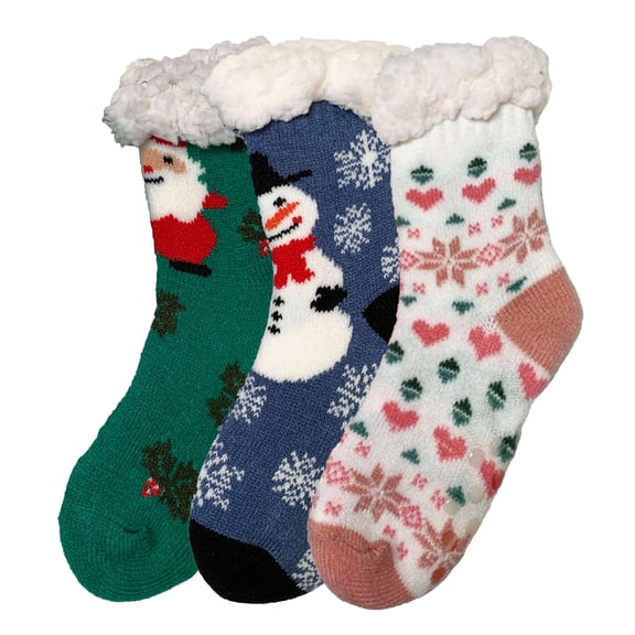 Winter Sherpa Lined Knitted Fluffy Thermal Soft Warm Cozy Christmas Slipper Gift Socks, Snowman, 9 - 11, 3 Pairs