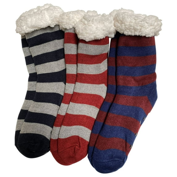 Winter Sherpa Lined Knitted Fluffy Thermal Soft Warm Cozy Christmas Slipper Gift Socks, Stripes, 6 - 8 Year, 3 Pairs