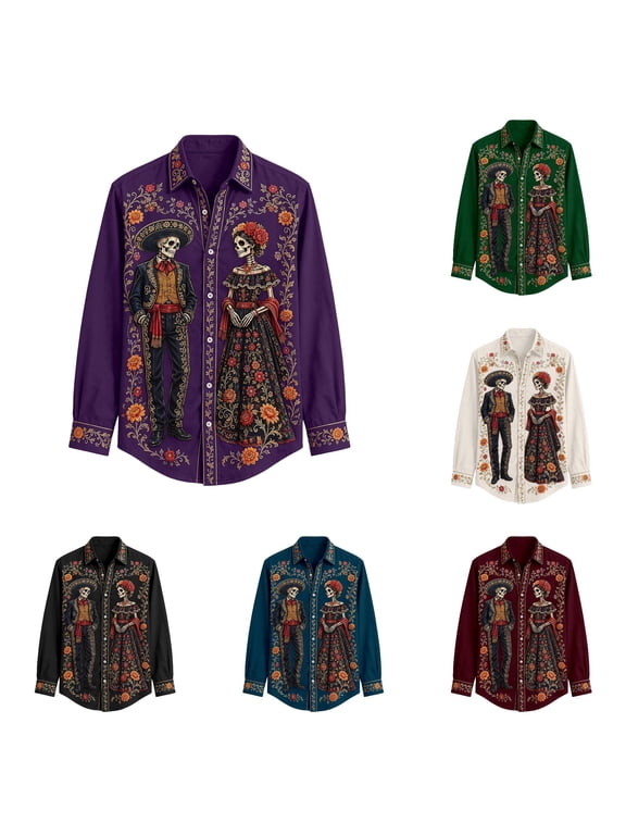 Winter Shirts for Men Day Of The Dead Shirt Long Sleeve Halloween Mexican Floral Button Down Casual Party Tops for Guys