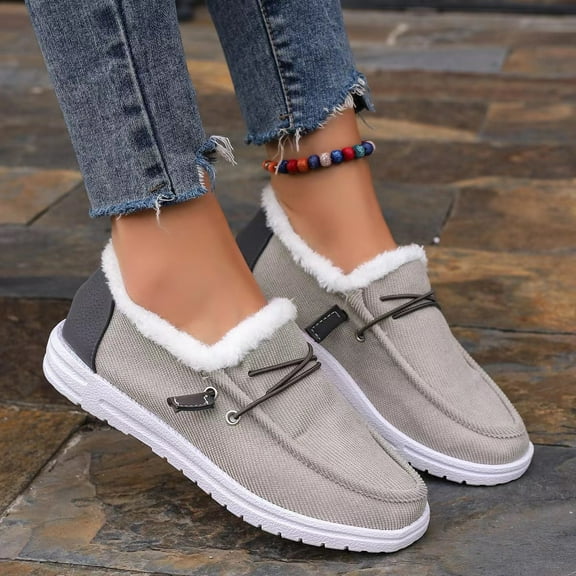 Winter Shoes Women Fleece Lined Low-Top Slip Ons Comfortable Flats Fur Lace Up Loafers Casual Canvas Sneakers
