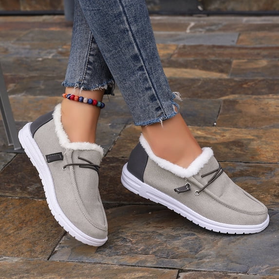 Winter Shoes Women Fleece Lined Low-Top Slip Ons Comfortable Flats Fur Lace Up Loafers Casual Canvas Sneakers