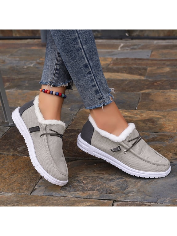 Winter Shoes Women Fleece Lined Low-Top Slip Ons Comfortable Flats Fur Lace Up Loafers Casual Canvas Sneakers