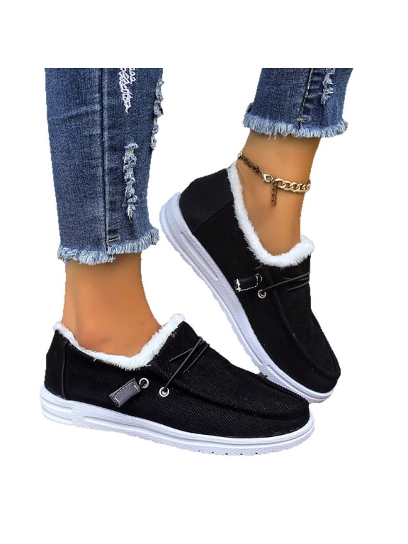 Winter Shoes Women Fleece Lined Low-Top Slip Ons Comfortable Flats Fur Lace Up Loafers Casual Canvas Sneakers