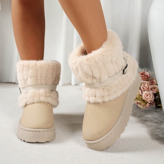 Winter Shoes Women,Womens Boots Ankle,Women's Winter Fur Lined Snow Boots - Slip on Ankle Booties with Fuzzy Warm Lining, Platform Short Boots for Cold Weather(Beige 36)
