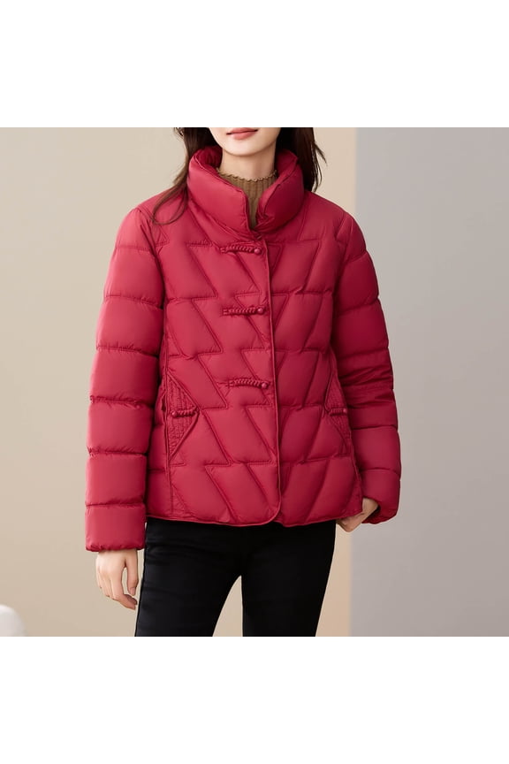 Winter Short Jackets for Women 2025 Trendy Chinese Vintage Frog Button Quilted Jackets Fitted Casual Solid Color Long Sleeve St and Collar Parkas
